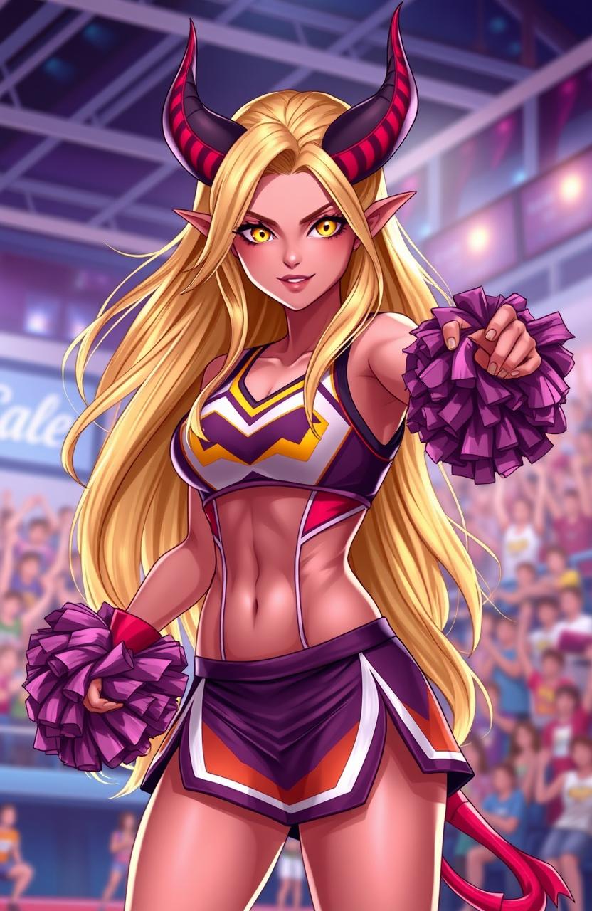 A striking illustration of a cheerleader who is half human and half demon