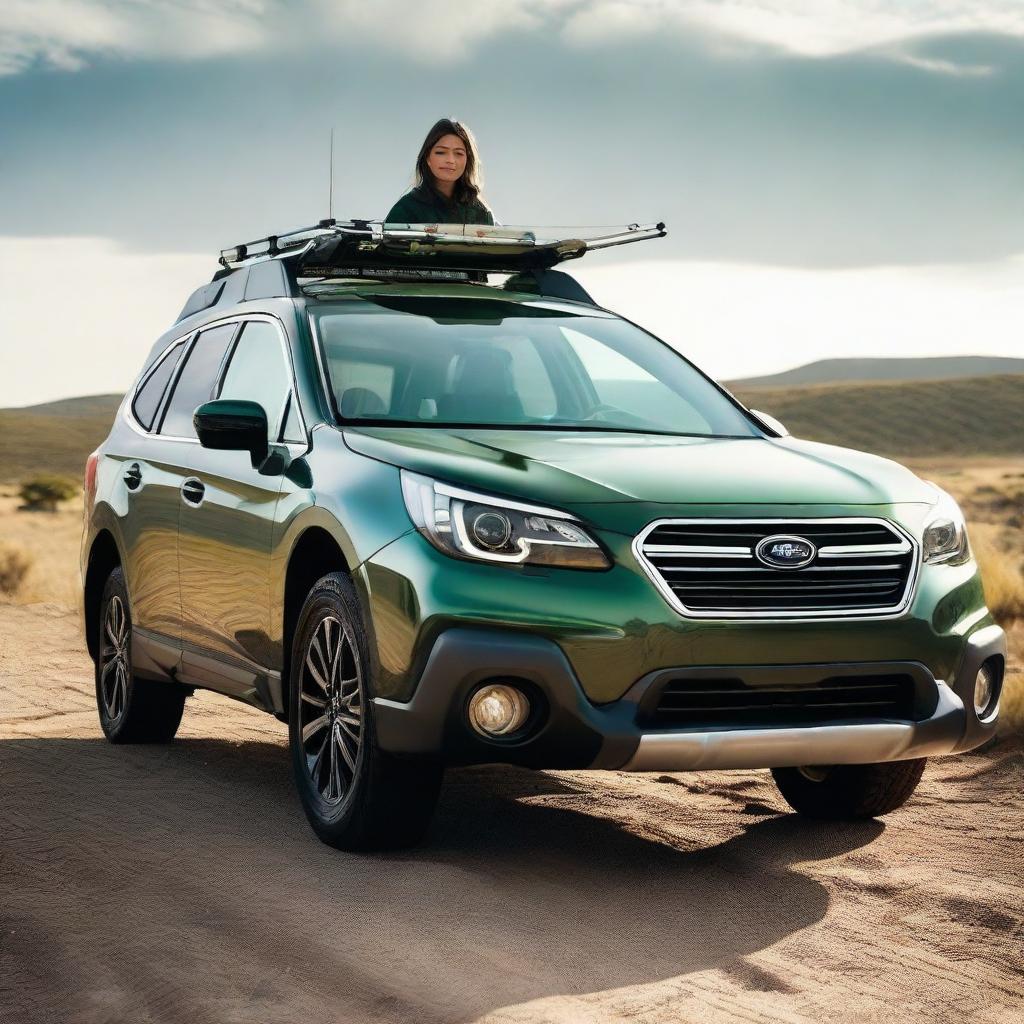 A young brunette woman driving a dark green Subaru Outback, with a fishing rod affixed on the roof of the car.