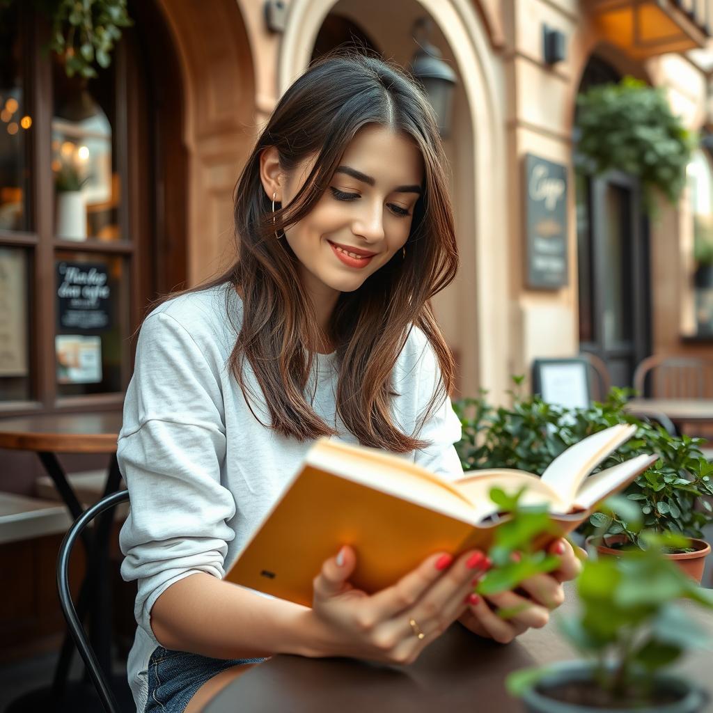 A beautiful young brunette girl reading a book in front of a cozy café, sunlight softly illuminating her face, with a warm smile