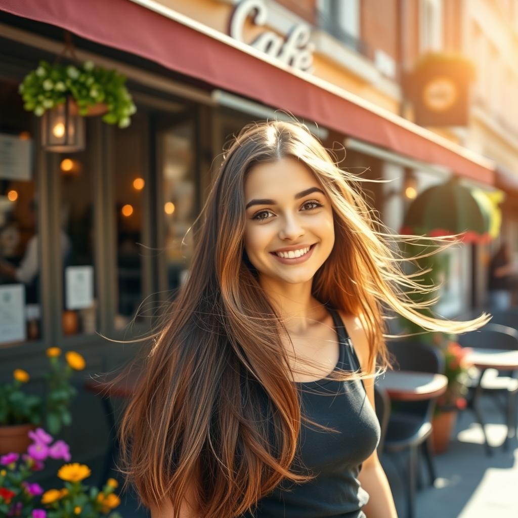 A beautiful young brunette girl with long hair standing in front of a charming café, her hair flowing gently in the breeze