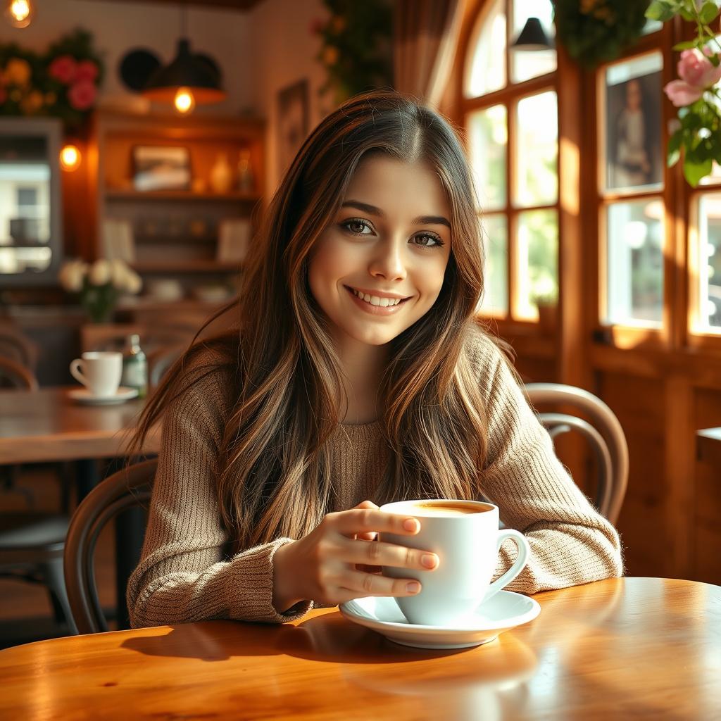 A beautiful young brunette girl with long hair enjoying a cup of coffee at a charming café
