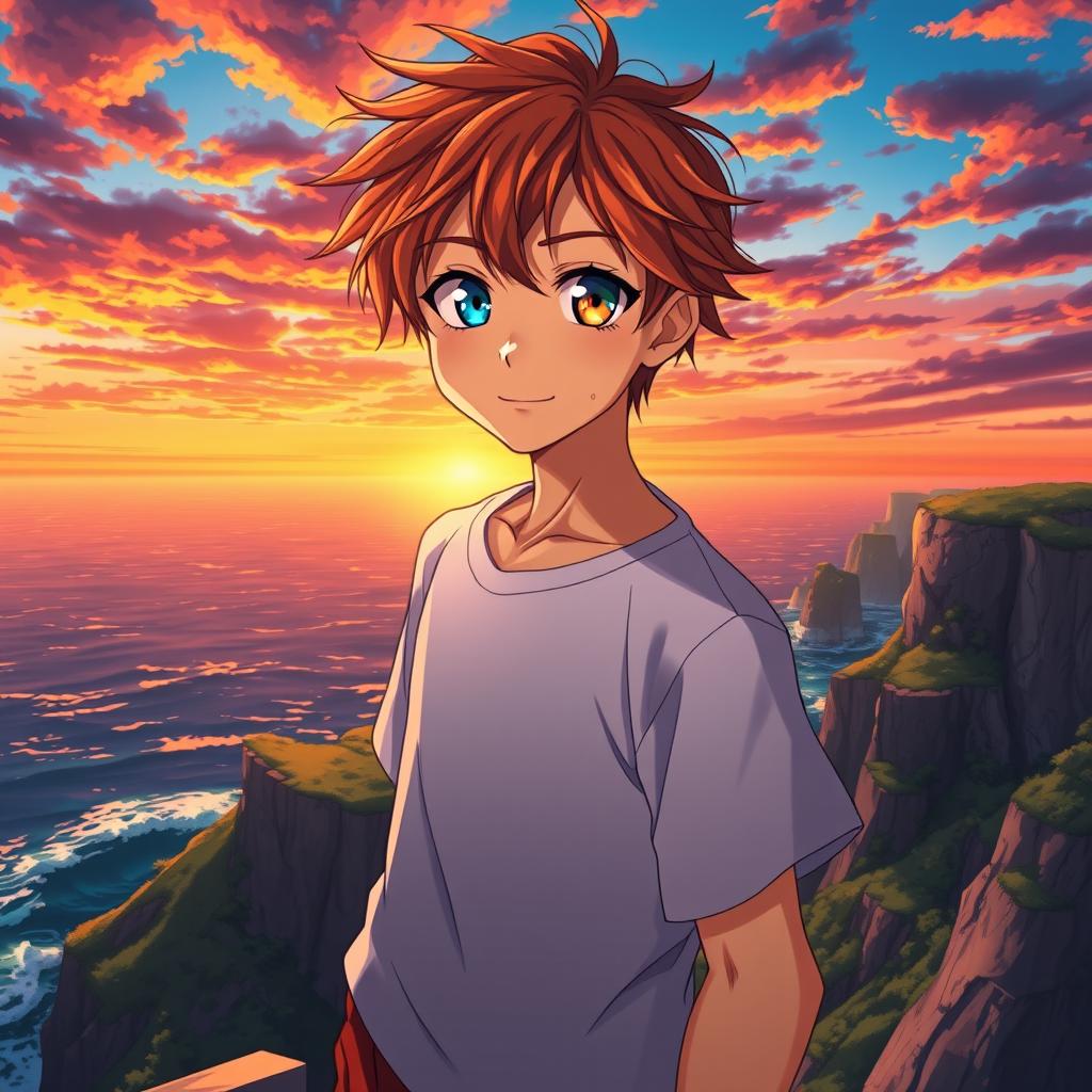 A 17-year-old anime boy standing confidently on a cliff, showcasing striking blue and orange eyes that shimmer in the sunlight