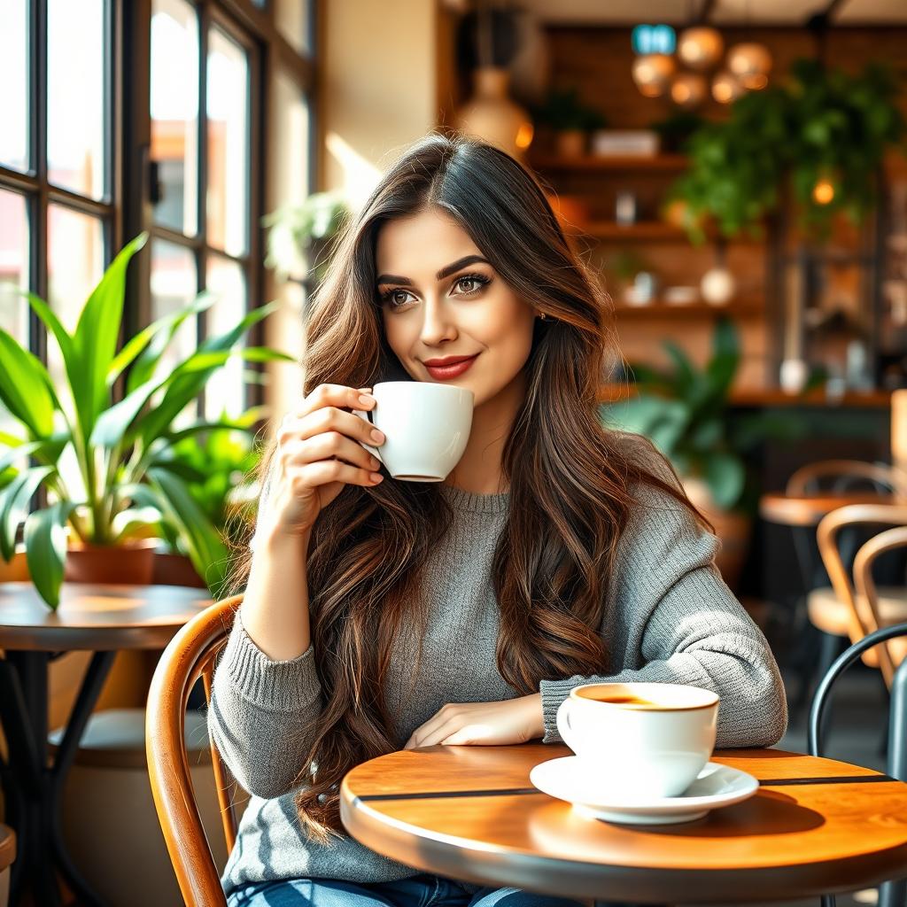 A beautiful brunette girl with long hair, gracefully enjoying a cup of coffee at a stylish café