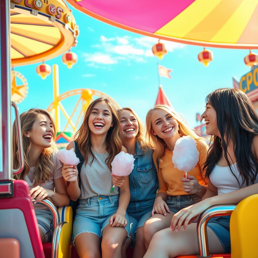 A vibrant and colorful scene depicting a group of teenage girls enjoying a fun day at an amusement park