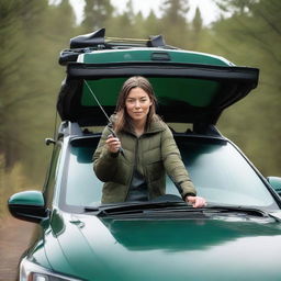 A young brunette woman driving a dark green Subaru Outback, with a fishing rod affixed on the roof of the car.