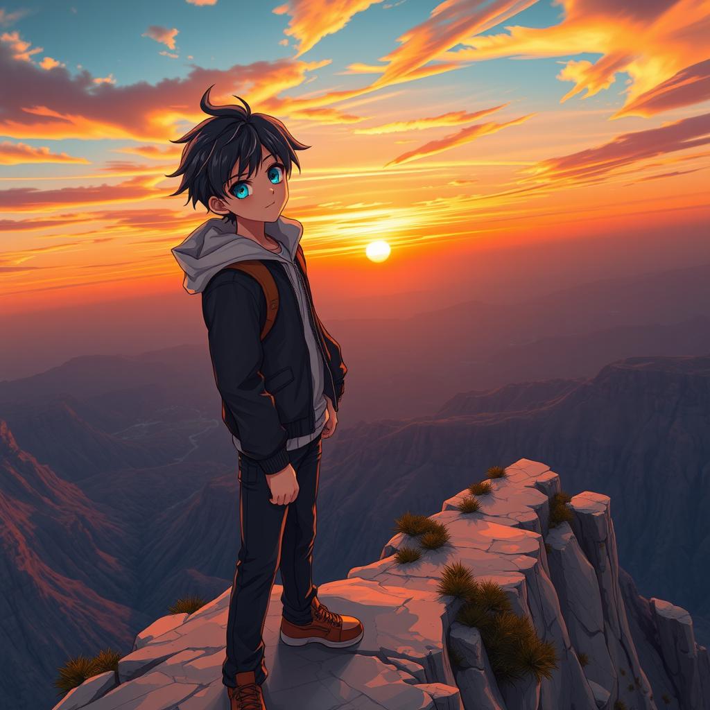 A 17-year-old anime boy standing confidently on a cliff edge, looking out over a breathtaking landscape