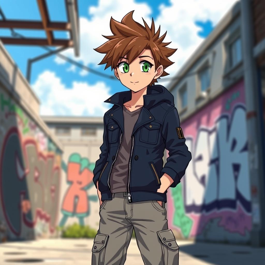A stylish anime boy with spiky brown hair and bright green eyes, wearing a trendy navy blue jacket paired with cargo jeans