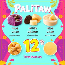 A vibrant and eye-catching social media advertising poster showcasing the delicious Filipino snack "palitaw"