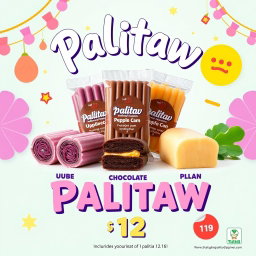 A vibrant and eye-catching social media advertising poster showcasing the delicious Filipino snack "palitaw"