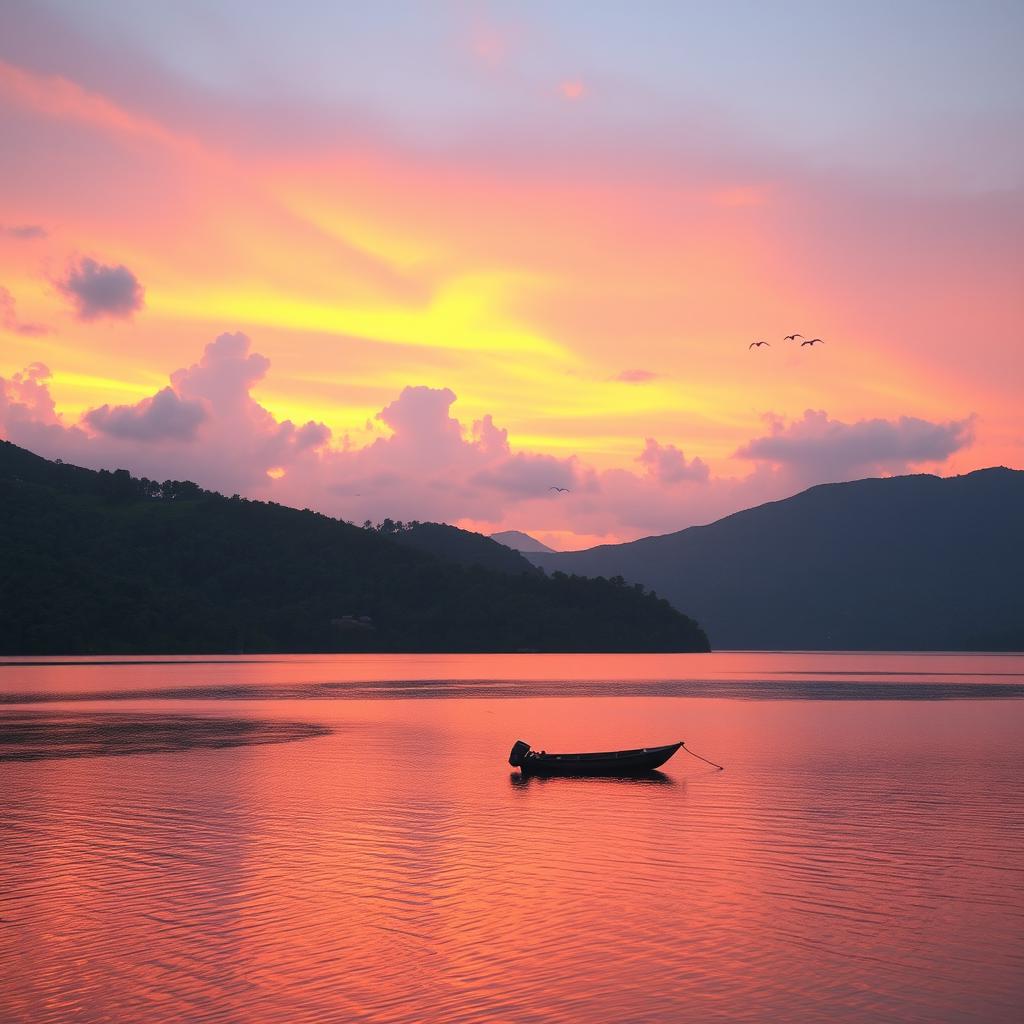A serene landscape during sunset featuring a calm lake, surrounded by lush green hills
