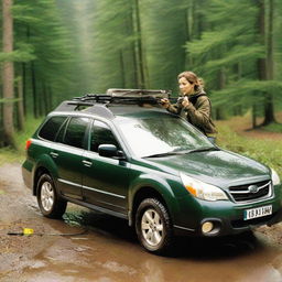 A young brunette woman driving a dark green 2003 model Subaru Outback, with a fishing rod secured on the roof rack.