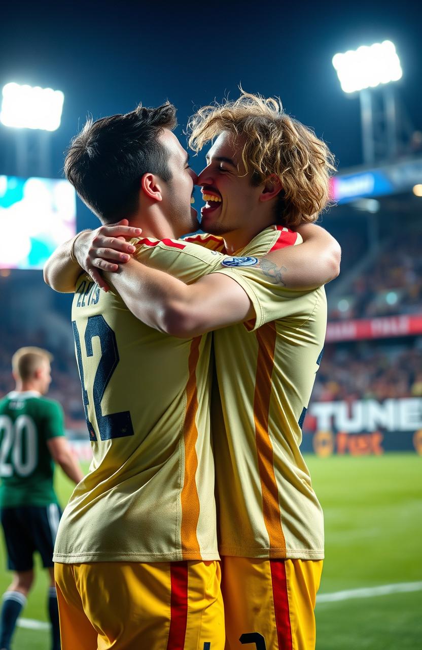 A passionate romance scene between two football players, showcasing their intense connection