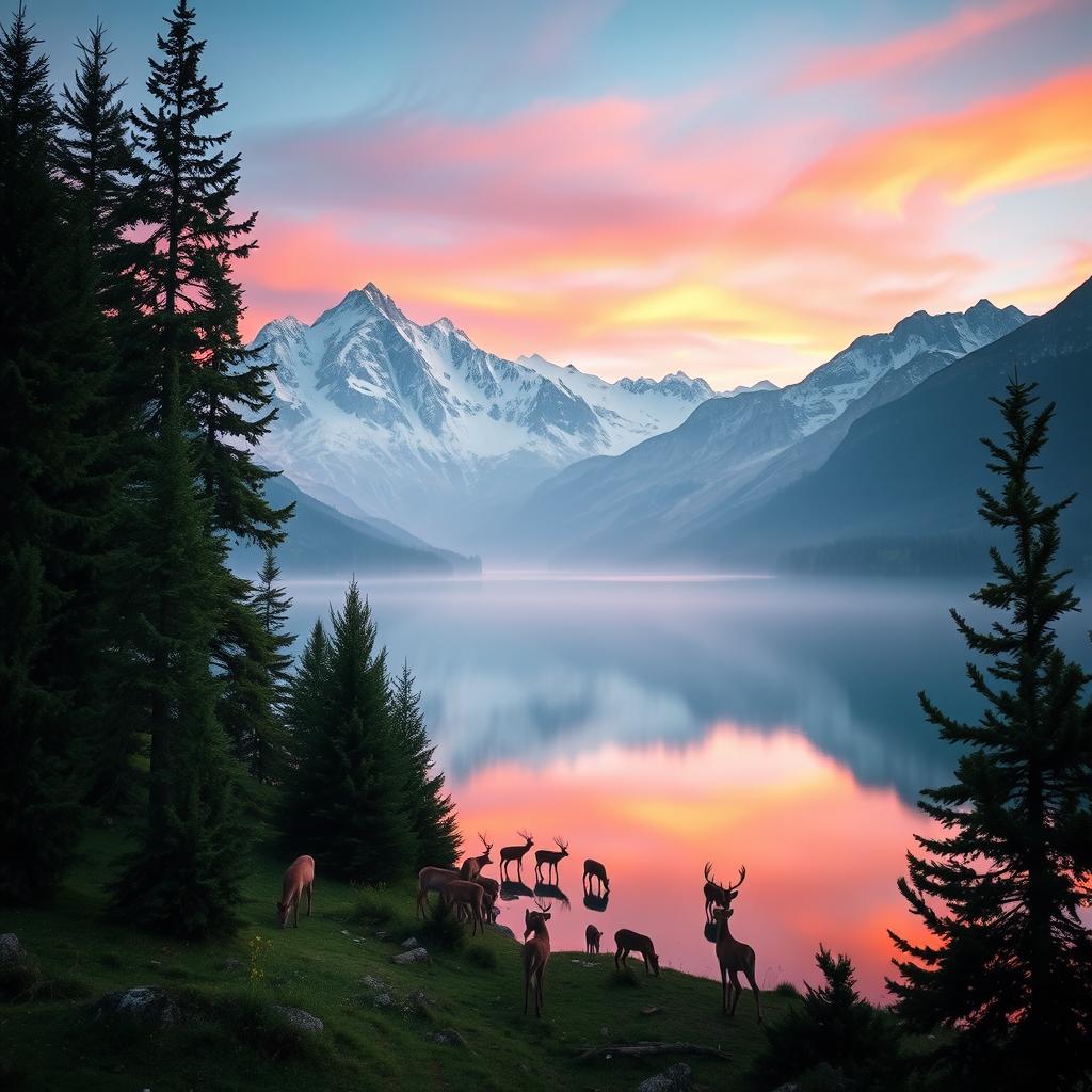 A stunning, high-resolution image of a serene mountain landscape at sunrise