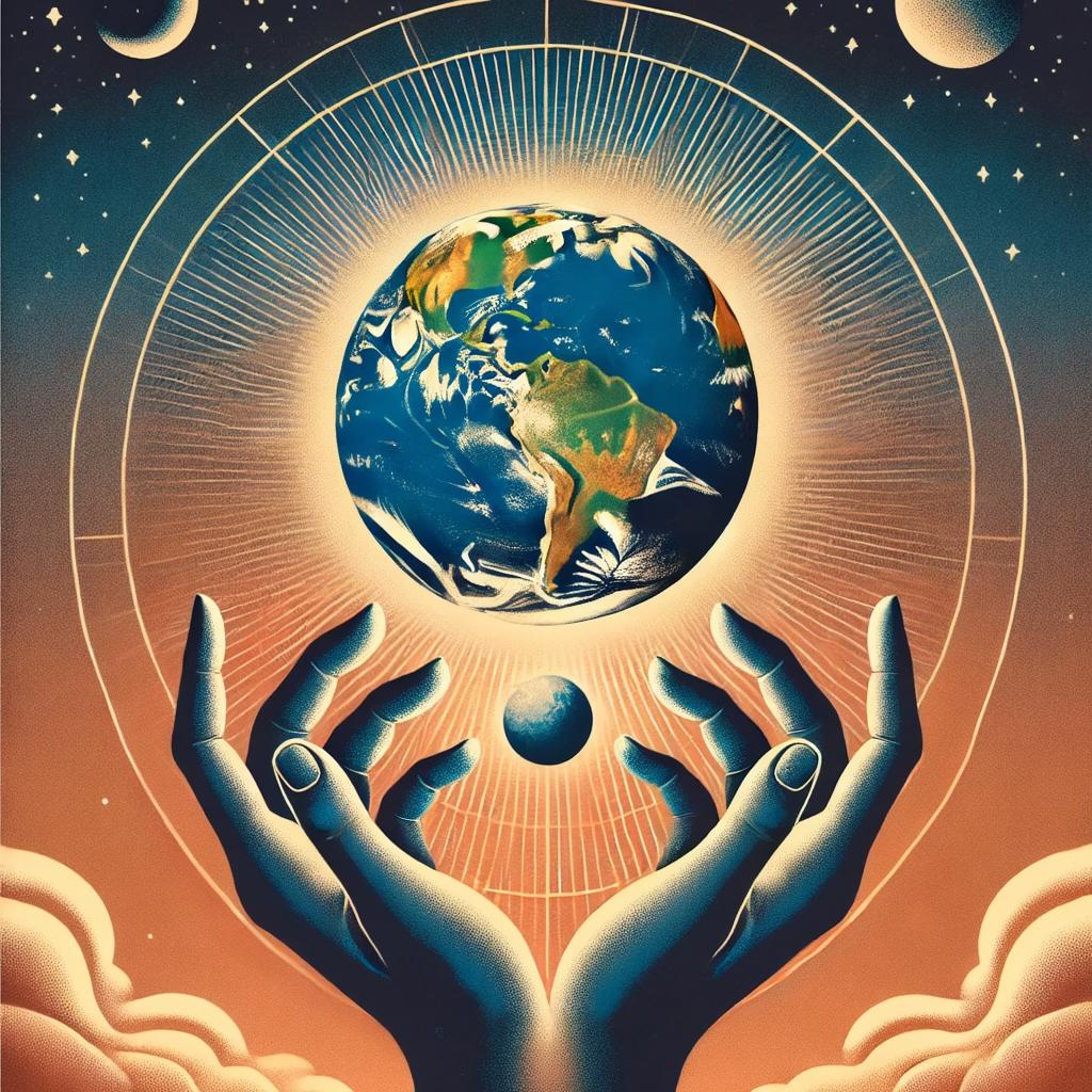 A serene and captivating illustration depicting a pair of hands gently cradling the Earth, surrounded by a celestial background filled with planets and swirling cosmic elements