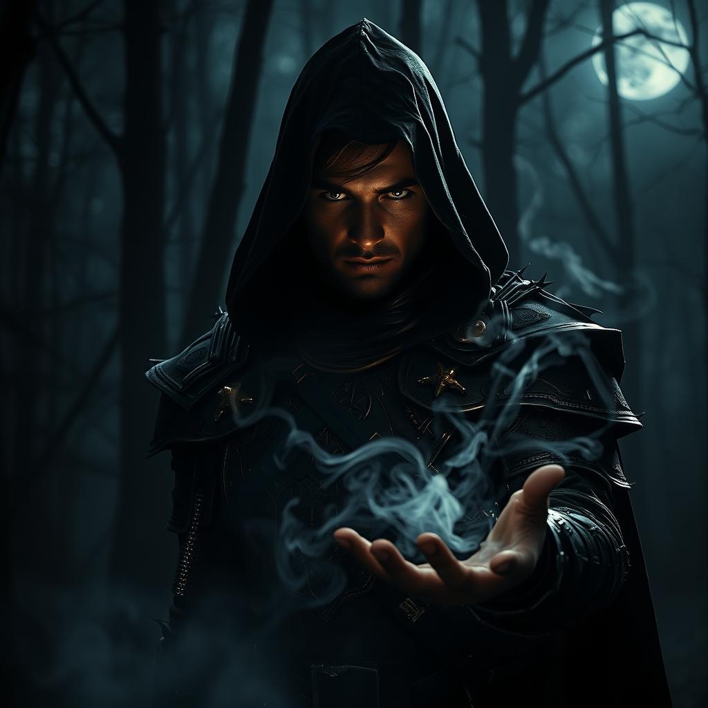 A dark, atmospheric scene capturing the essence of vengeance personified as a mysterious figure cloaked in shadow