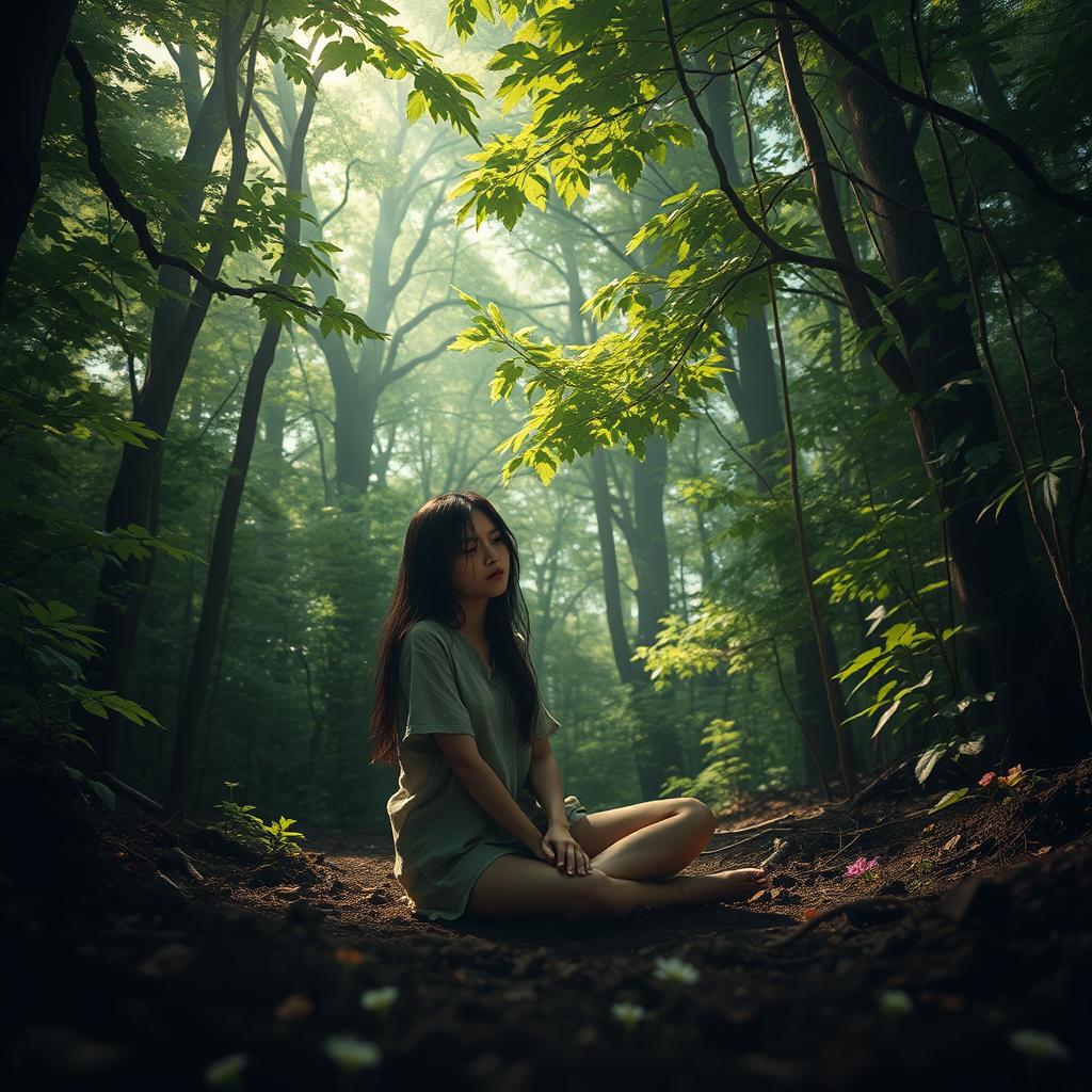 A solitary figure in a dense, lush forest, sitting on the ground with tears streaming down their face