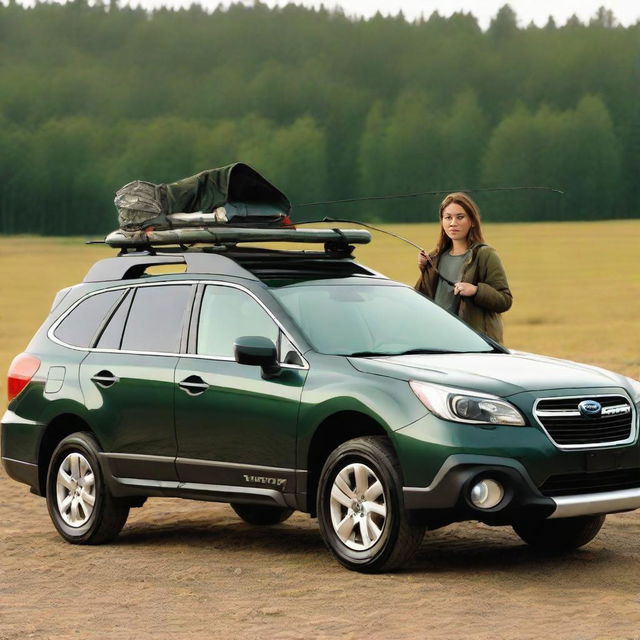 A young brunette woman driving a dark green 2003 model Subaru Outback, with a fishing rod secured on the roof rack.