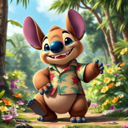 A playful grizzly bear designed in the style of Stitch from Lilo & Stitch, featuring a large, round body with fluffy fur and exaggerated features