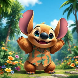 A playful grizzly bear designed in the style of Stitch from Lilo & Stitch, featuring a large, round body with fluffy fur and exaggerated features