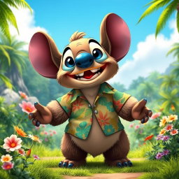 A playful grizzly bear designed in the style of Stitch from Lilo & Stitch, featuring a large, round body with fluffy fur and exaggerated features