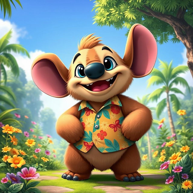 A playful grizzly bear designed in the style of Stitch from Lilo & Stitch, featuring a large, round body with fluffy fur and exaggerated features