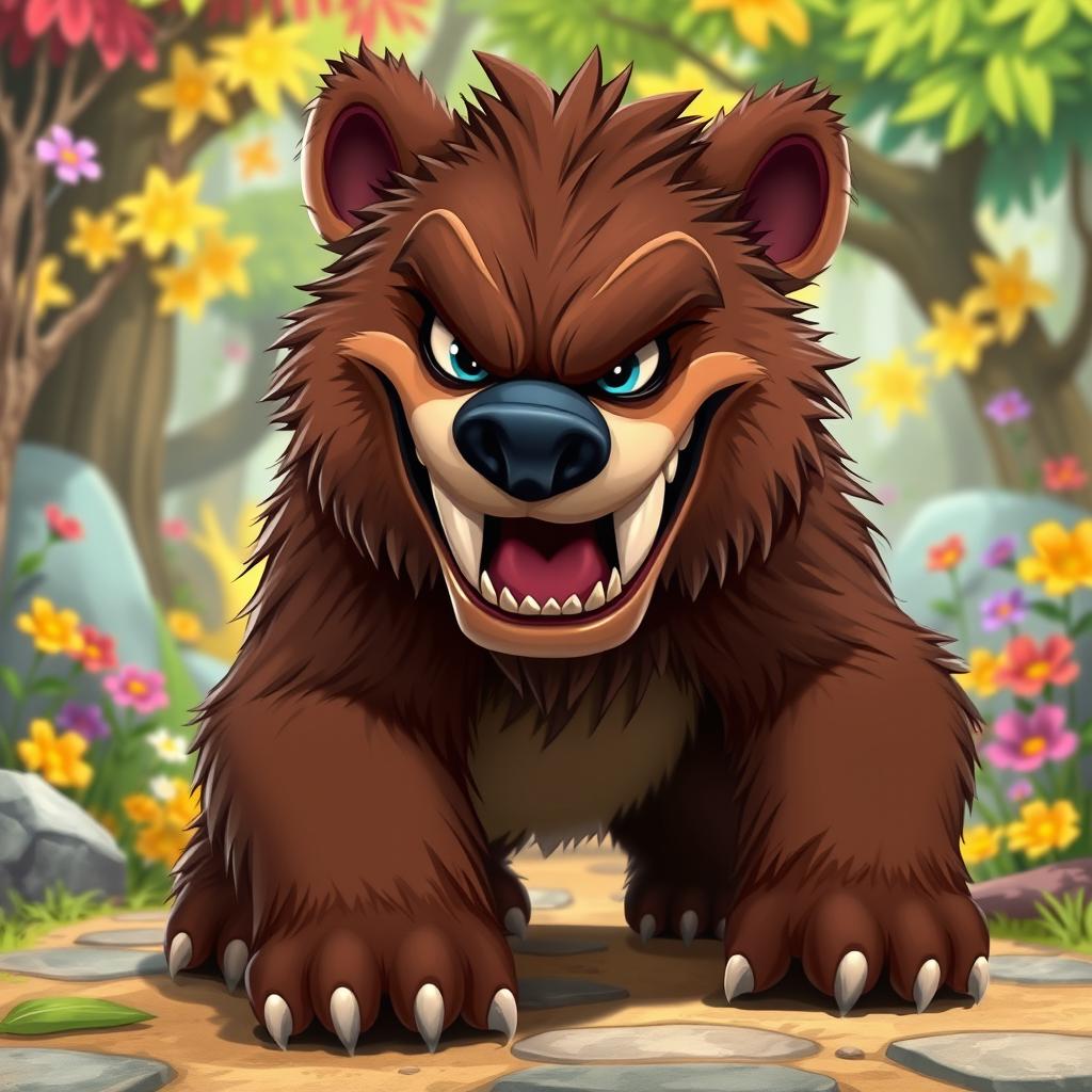 A fierce and playful grizzly bear character inspired by Stitch from Lilo & Stitch, depicted on all fours with exaggerated features and sharp, menacing teeth