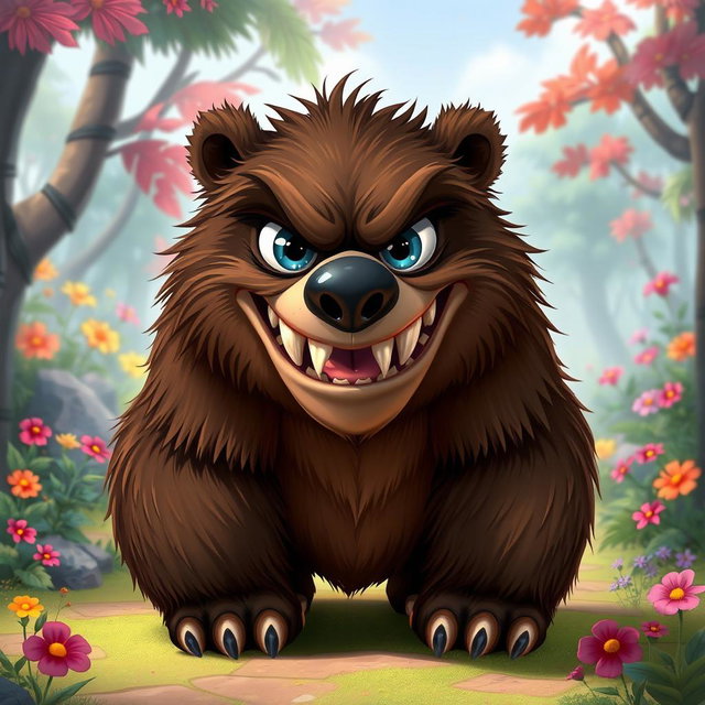 A fierce and playful grizzly bear character inspired by Stitch from Lilo & Stitch, depicted on all fours with exaggerated features and sharp, menacing teeth