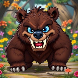 A fierce and playful grizzly bear character inspired by Stitch from Lilo & Stitch, depicted on all fours with exaggerated features and sharp, menacing teeth