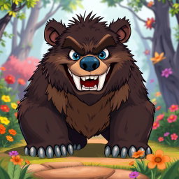 A fierce and playful grizzly bear character inspired by Stitch from Lilo & Stitch, depicted on all fours with exaggerated features and sharp, menacing teeth