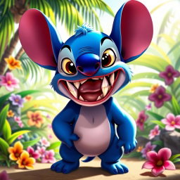 A whimsical bear character with vibrant blue fur and sharp, menacing teeth, inspired by the design of Stitch from Lilo & Stitch