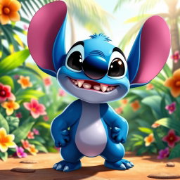 A whimsical bear character with vibrant blue fur and sharp, menacing teeth, inspired by the design of Stitch from Lilo & Stitch