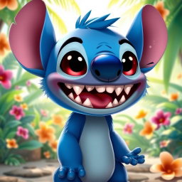 A whimsical bear character with vibrant blue fur and sharp, menacing teeth, inspired by the design of Stitch from Lilo & Stitch