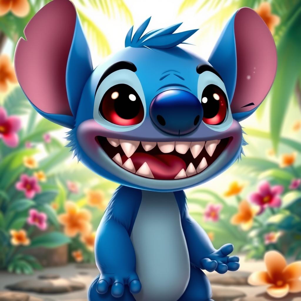 A whimsical bear character with vibrant blue fur and sharp, menacing teeth, inspired by the design of Stitch from Lilo & Stitch