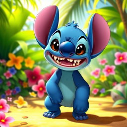 A whimsical bear character with vibrant blue fur and sharp, menacing teeth, inspired by the design of Stitch from Lilo & Stitch