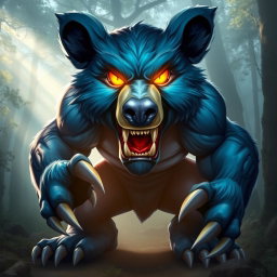 A striking bear character with vibrant blue fur, showcasing sharp claws and teeth, exuding a fierce yet captivating presence
