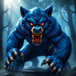 A striking bear character with vibrant blue fur, showcasing sharp claws and teeth, exuding a fierce yet captivating presence