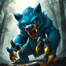 A striking bear character with vibrant blue fur, showcasing sharp claws and teeth, exuding a fierce yet captivating presence