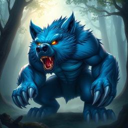 A striking bear character with vibrant blue fur, showcasing sharp claws and teeth, exuding a fierce yet captivating presence