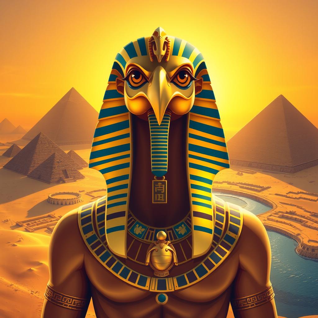 A majestic depiction of an ancient Egyptian god, inspired by traditional Egyptian art style