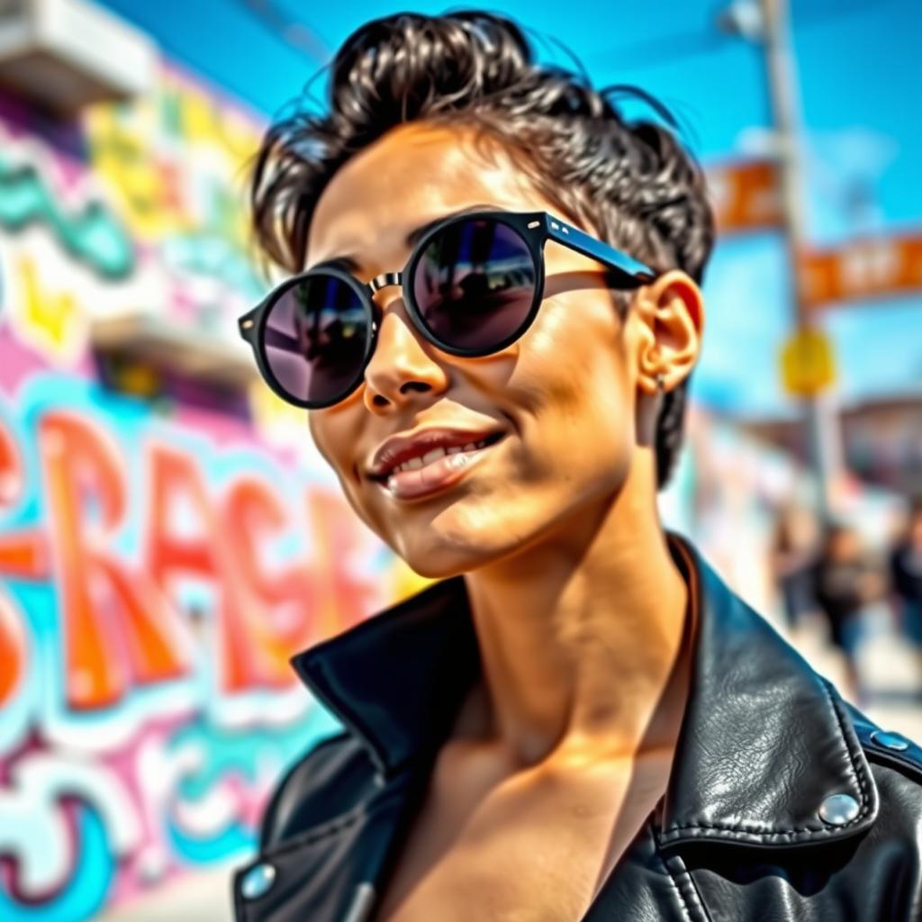 A stylish individual wearing sleek, rounded glasses with full black lenses