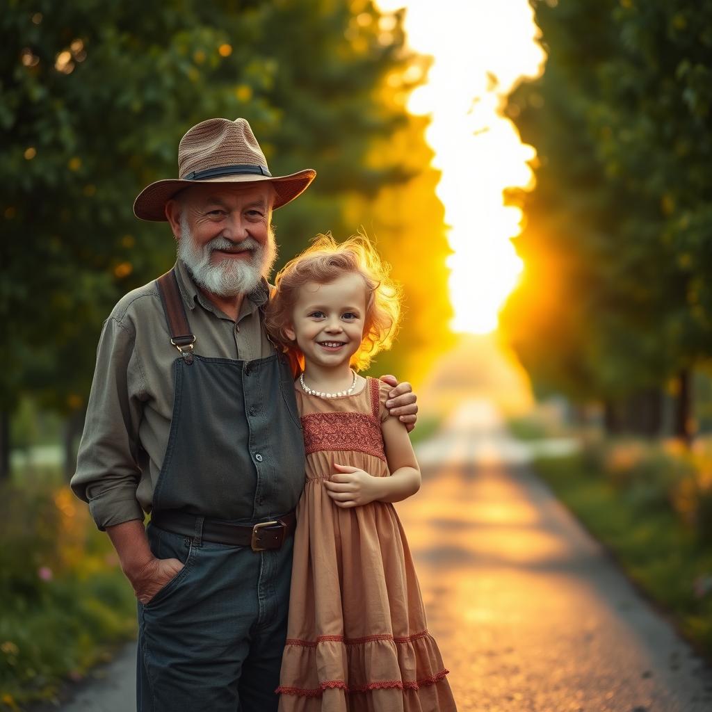 A charming scene of a little girl with curly short hair and blue eyes wearing a vintage dress, joyfully standing next to her grandfather, a rugged farmer in weathered clothes