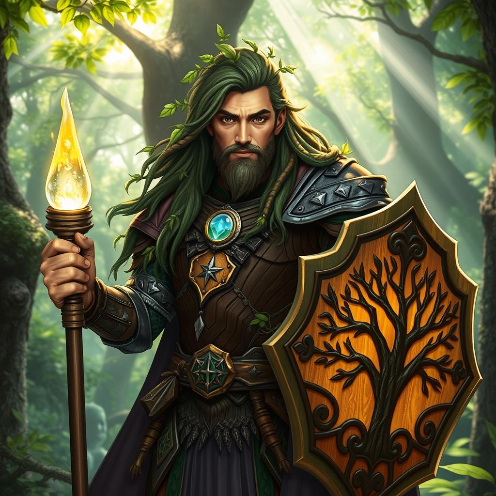 A heroic male druid paladin standing confidently in a lush, enchanted forest