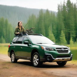 A young brunette woman driving a dark green 2003 model Subaru Outback, with a fishing rod secured on the roof rack.