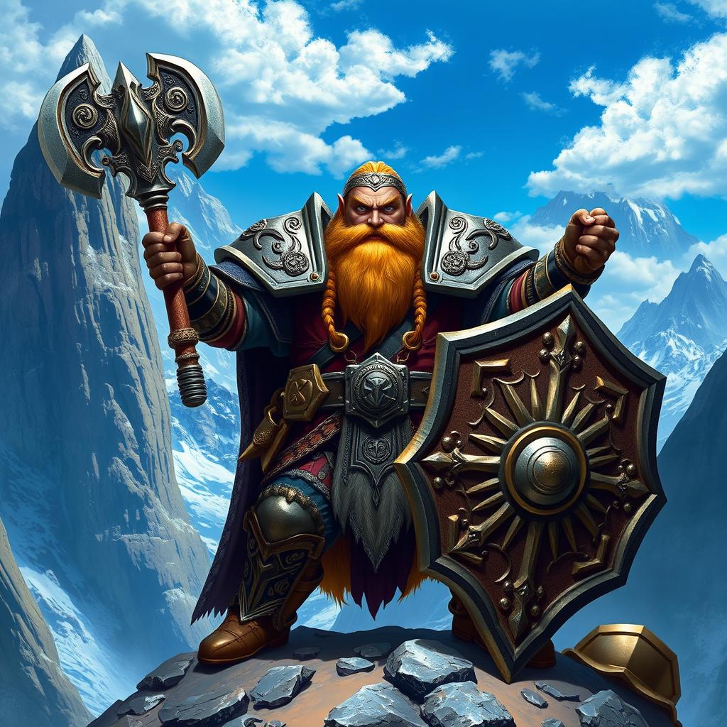 A male dwarf paladin standing heroically on a rocky outcrop, dressed in ornate, shining armor adorned with holy symbols