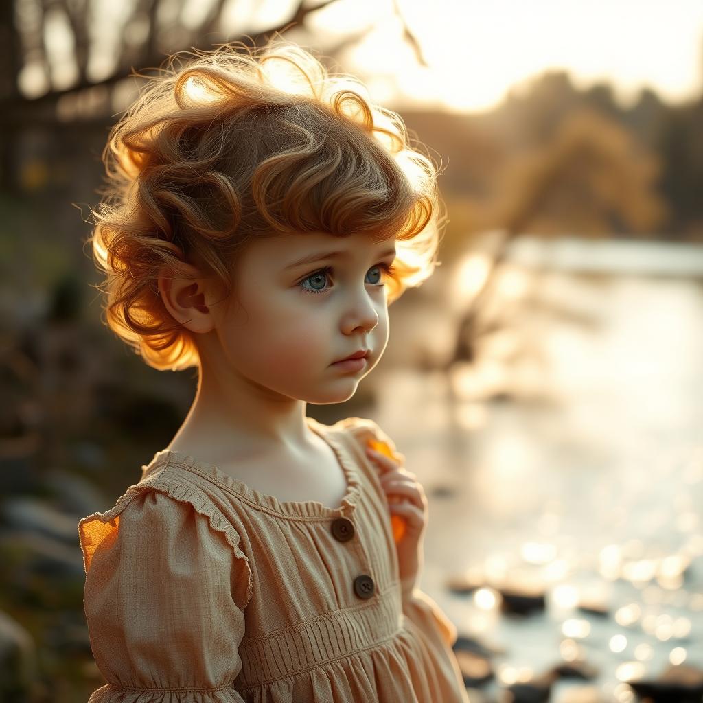A picturesque scene of a little girl with curly short hair and blue eyes, wearing a charming vintage dress while gazing thoughtfully at a shimmering river