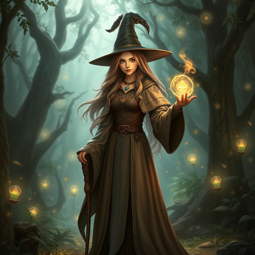 A female human wizard standing in a mystical forest, wearing an elaborate robe adorned with arcane symbols and a pointed hat, holding a glowing staff in one hand