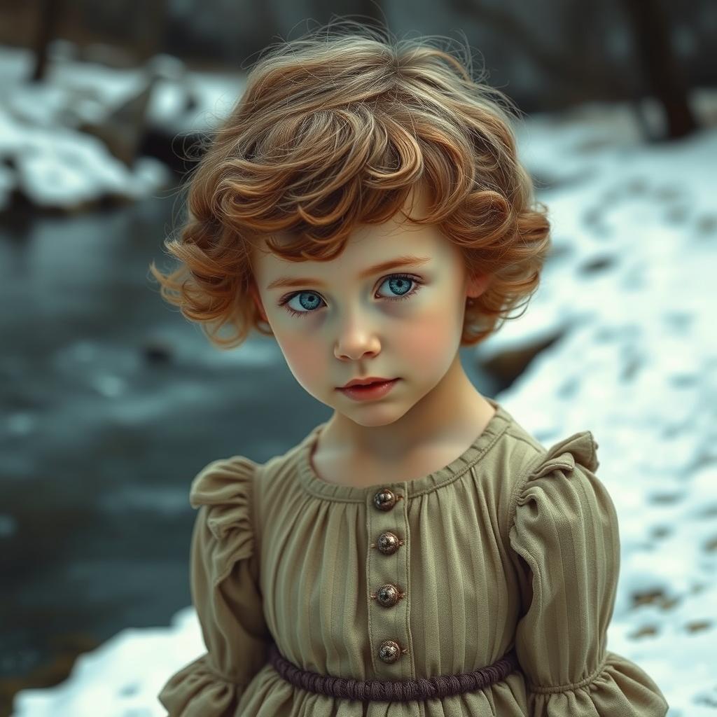 A young girl with curly short hair, wearing a vintage dress, gazing intently at a river