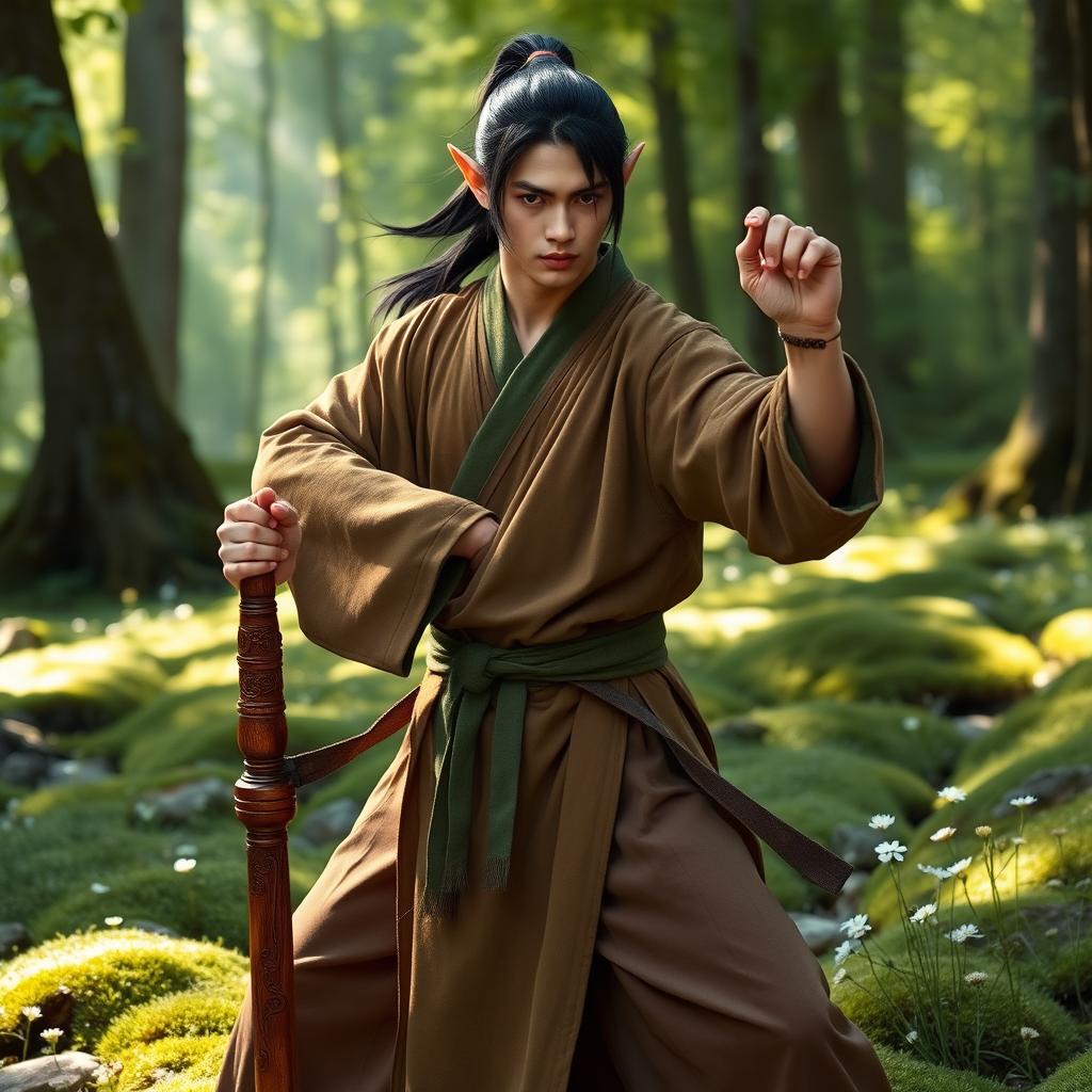 A male half-elf monk with striking dark hair tied back, wearing simple yet elegant monk robes that blend earthy tones of brown and green