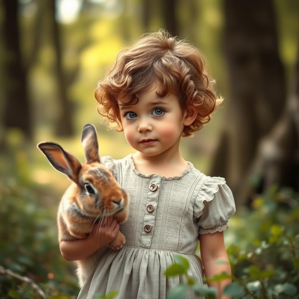 A young girl with curly short hair, wearing a vintage dress, looking curiously at a rabbit positioned behind her