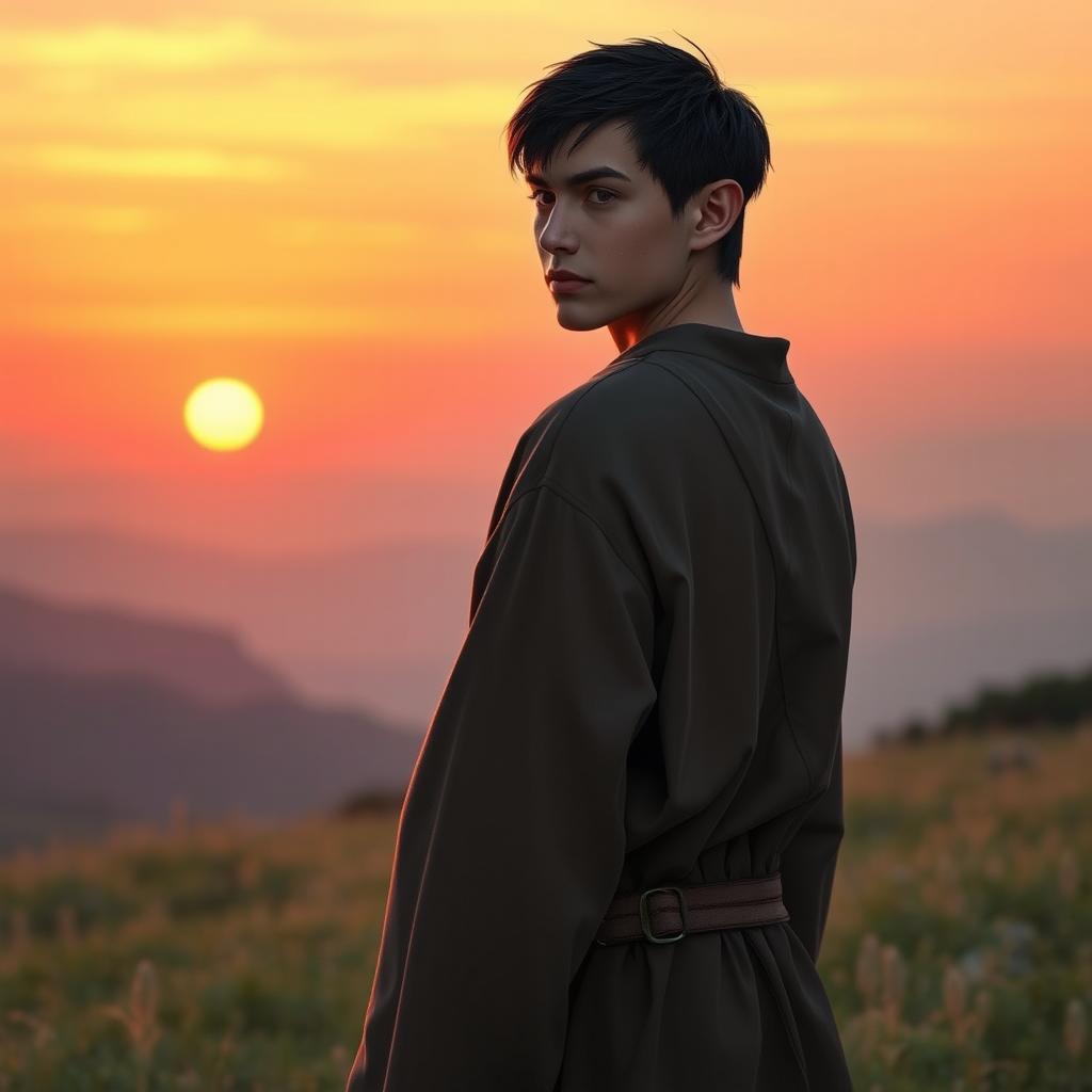 A male half-elf monk with short dark hair, wearing simple and elegant monk robes